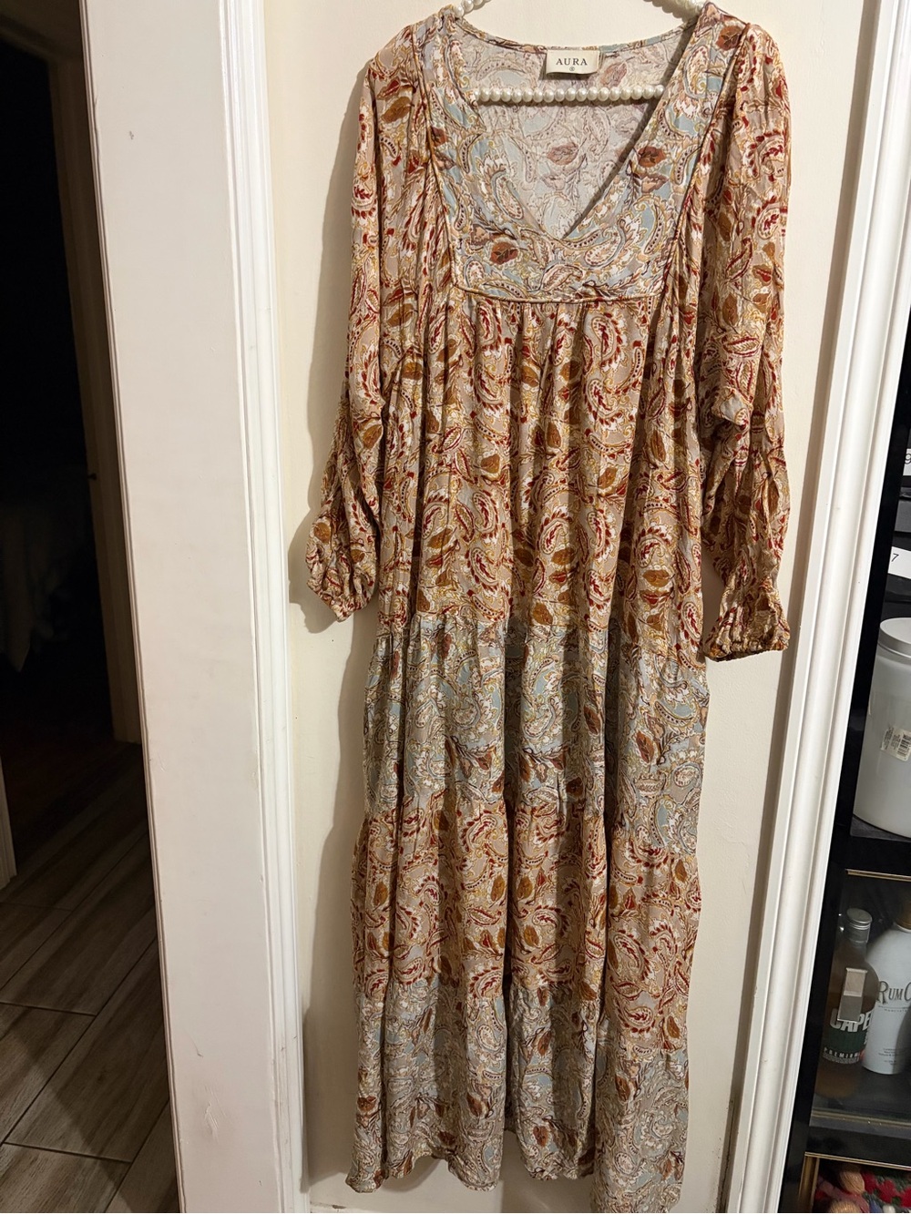 Aura Beige Paisley Tiered Maxi Dress with Red and Blue Accents